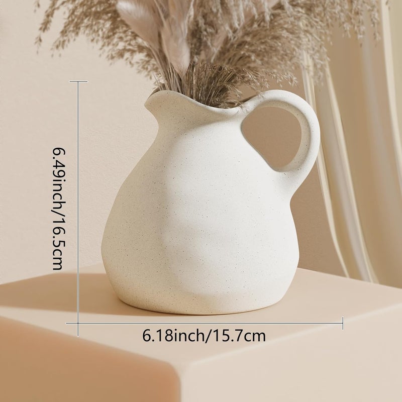 Zormon White Ceramic Pitcher Vase with Handle, Modern Farmhouse Jug Flower Vase for Home Decor, Centerpieces for Table, Living Room, Bedroom, Rustic Boho Decoration - Image 2